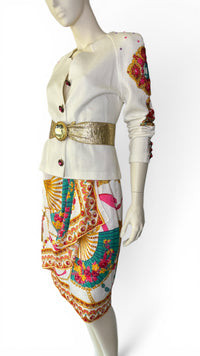 1980’s Anthony Sicari Dynasty”-Era Power Dressing Baroque Jewel Button 3-Piece Ensemble with Scarf