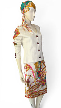 1980’s Anthony Sicari Dynasty”-Era Power Dressing Baroque Jewel Button 3-Piece Ensemble with Scarf