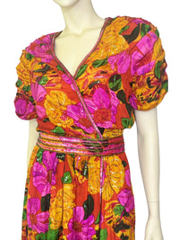 Judith Ann Creations “Electric Floral Garden” Sequin Silk Wrap Dress