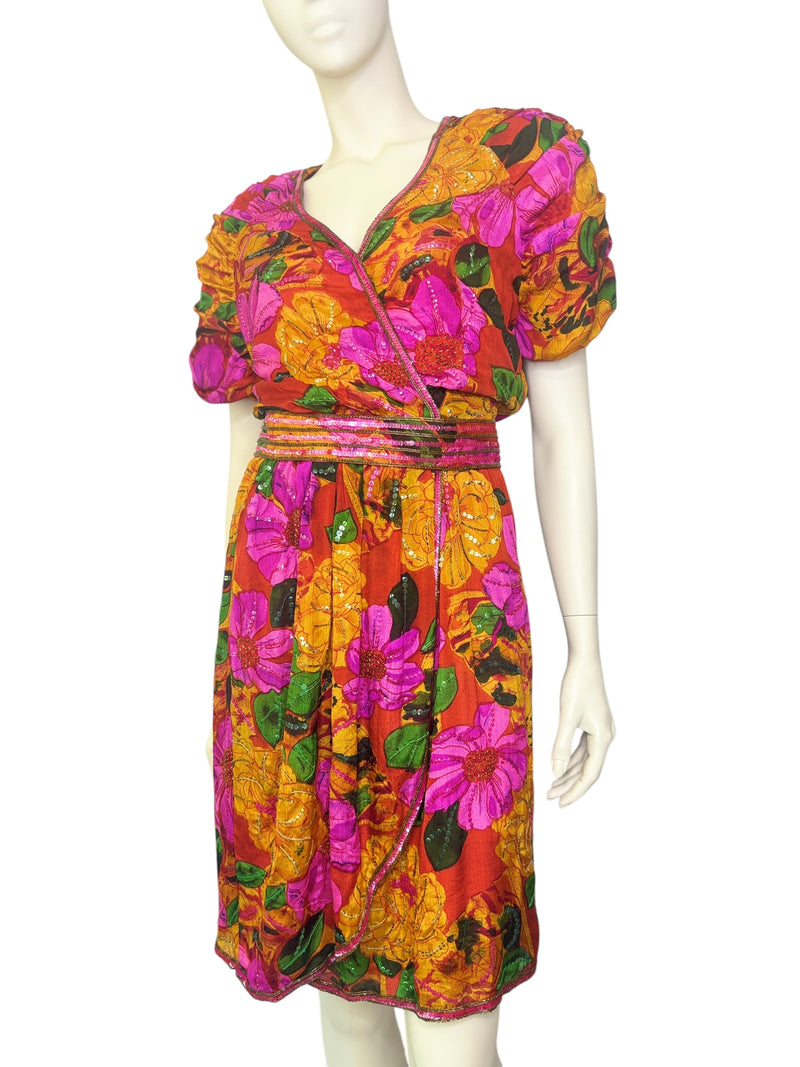 Judith Ann Creations “Electric Floral Garden” Sequin Silk Wrap Dress