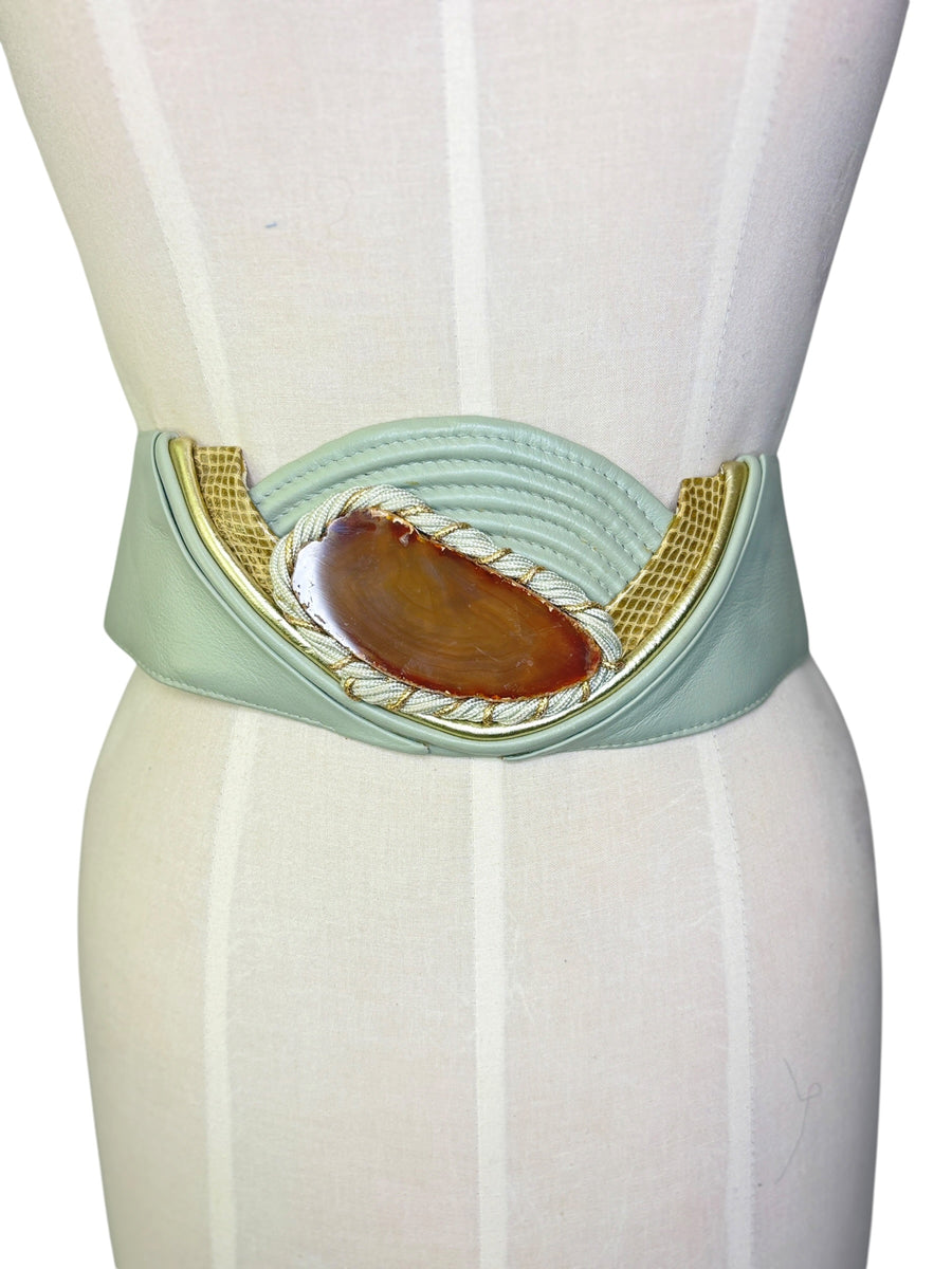 1980s Mint Stone & Geode Runway Leather Statement Belt M/L