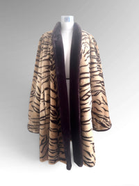 Rare 1980s Olympia Tiger Stripe Faux-Fur Swing Coat with Statement Shawl Collar