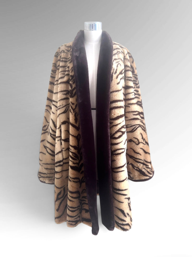 Rare 1980s Olympia Tiger Stripe Faux-Fur Swing Coat with Statement Shawl Collar