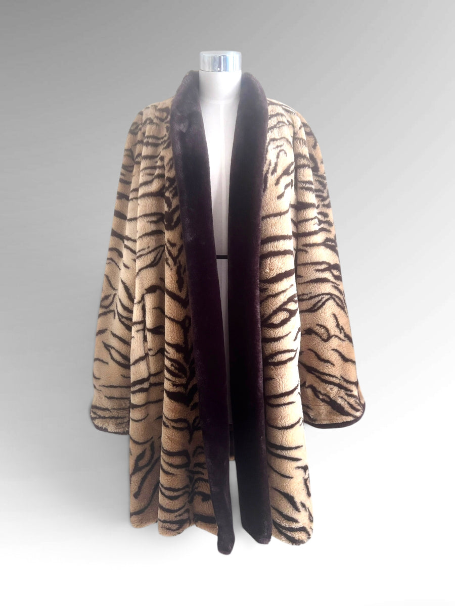 Rare 1980s Olympia Tiger Stripe Faux-Fur Swing Coat with Statement Shawl Collar