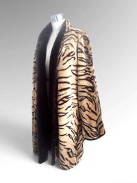 Rare 1980s Olympia Tiger Stripe Faux-Fur Swing Coat with Statement Shawl Collar