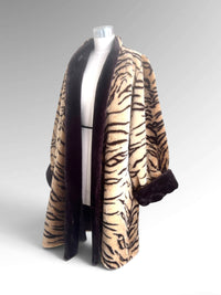 Rare 1980s Olympia Tiger Stripe Faux-Fur Swing Coat with Statement Shawl Collar