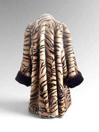Rare 1980s Olympia Tiger Stripe Faux-Fur Swing Coat with Statement Shawl Collar