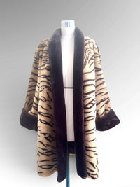 Rare 1980s Olympia Tiger Stripe Faux-Fur Swing Coat with Statement Shawl Collar