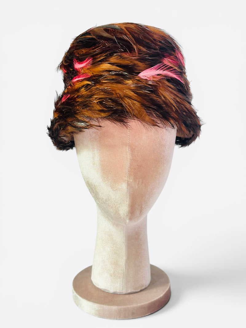 Birds of Paradise | Mid-Century Pink Peasant Feather Toque Hat