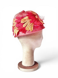 1960'S Vintage Pink and Champagne Petal Cloche Stye Statement Cocktail Hat with Netting
