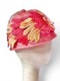 1960'S Vintage Pink and Champagne Petal Cloche Stye Statement Cocktail Hat with Netting