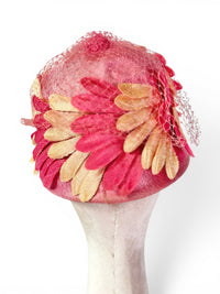 1960'S Vintage Pink and Champagne Petal Cloche Stye Statement Cocktail Hat with Netting