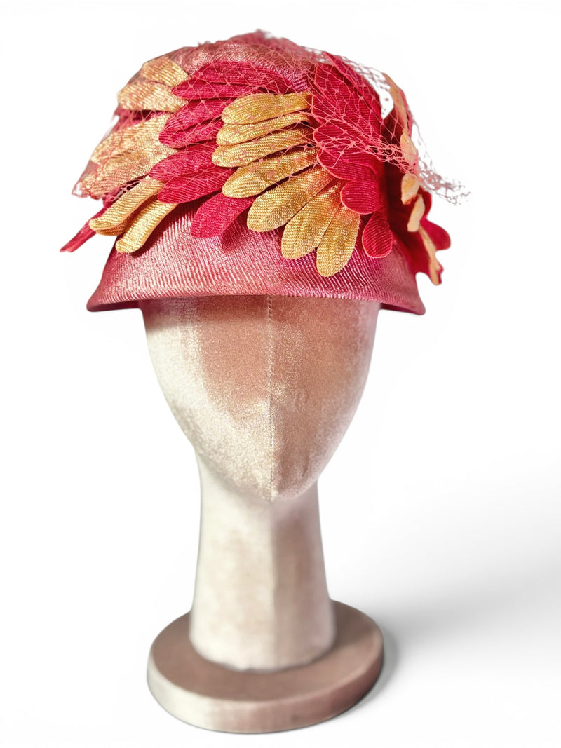 1960'S Vintage Pink and Champagne Petal Cloche Stye Statement Cocktail Hat with Netting