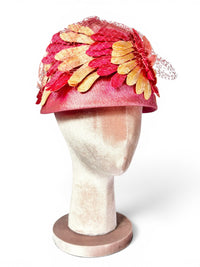 1960'S Vintage Pink and Champagne Petal Cloche Stye Statement Cocktail Hat with Netting