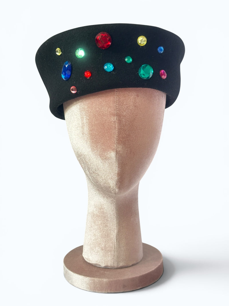 Jet Set Jewel Box | Avant-Garde Statement Rhinestone Sculptural 80’s Beret Felt Hat