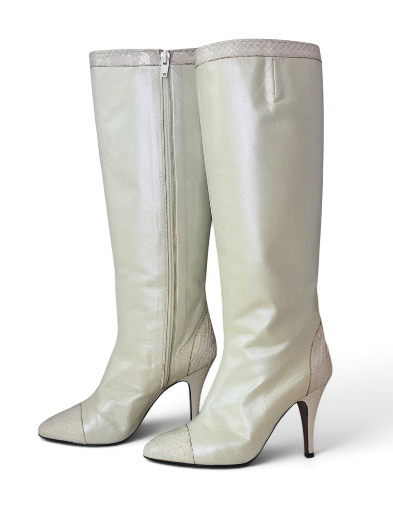 Pearl After Dark | Vintage Italian Pearlescent Leather Snakeskin Stiletto Boots