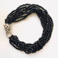 Kenneth Jay Lane Crystal Panther Torsade Necklace with Green Rhinestone Eyes and Black Glass Beads