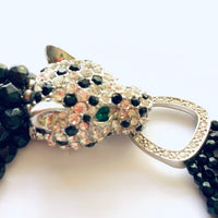 Kenneth Jay Lane Crystal Panther Torsade Necklace with Green Rhinestone Eyes and Black Glass Beads