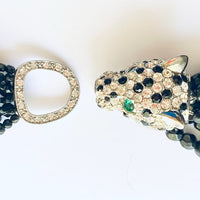Kenneth Jay Lane Crystal Panther Torsade Necklace with Green Rhinestone Eyes and Black Glass Beads