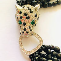 Kenneth Jay Lane Crystal Panther Torsade Necklace with Green Rhinestone Eyes and Black Glass Beads