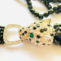 Kenneth Jay Lane Crystal Panther Torsade Necklace with Green Rhinestone Eyes and Black Glass Beads