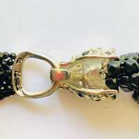 Kenneth Jay Lane Crystal Panther Torsade Necklace with Green Rhinestone Eyes and Black Glass Beads