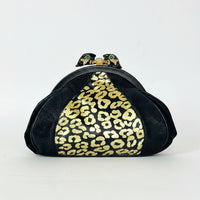 Meow! Sharif Black and Gold Leather Leopard Clutch with Bold Rhinestone Leopard Clasp