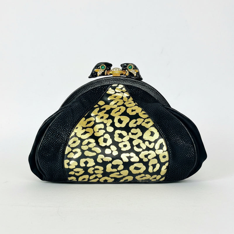 Meow! Sharif Black and Gold Leather Leopard Clutch with Bold Rhinestone Leopard Clasp