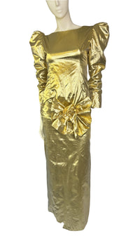 1980’s Liquid Gold Lamé Evening Gown with Dramatic Puff Sleeves & Statement Bow
