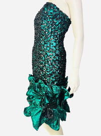 80’s Lillie Rubin Metallic Emerald Green Cocktail Dress with Black Sequins and Dramatic Ruffle