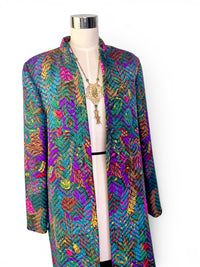 Vintage Peacock Print Quilted Long Jacket | Mandarin Collar Jewel Tone Statement Coat