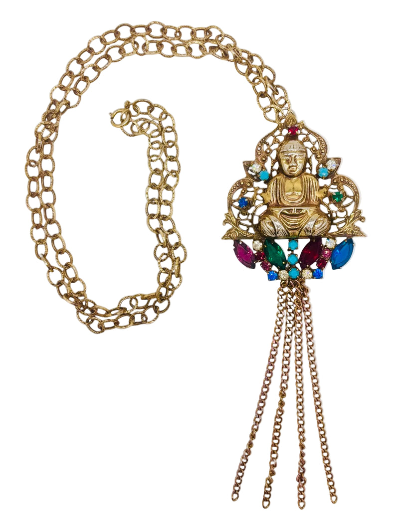 Temple of Jewels Buddha Necklace I Vintage 60s Rhinestone Buddha Statement Necklace