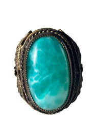 Large Vintage Filigree Bronze and Aqua Peking Glass Statement Ring