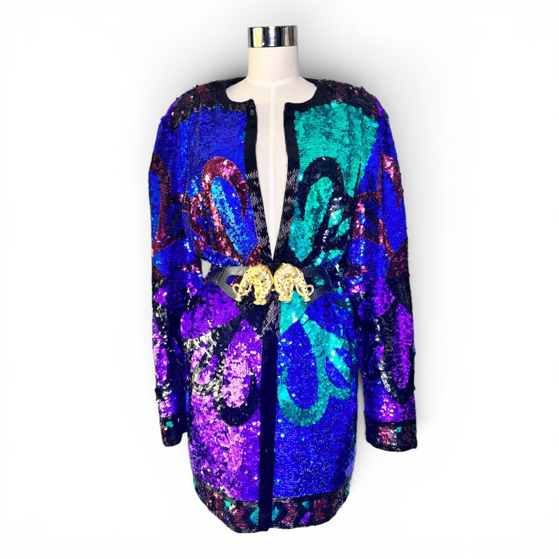 Electric Midnight | Vintage Oleg Cassini Black Tie Silk Jewel-Colored Sequin Jacket