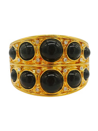 Kenneth Jay Lane Black Cabochon and Rhinestone Sculptural Hinged Bangle Bracelet
