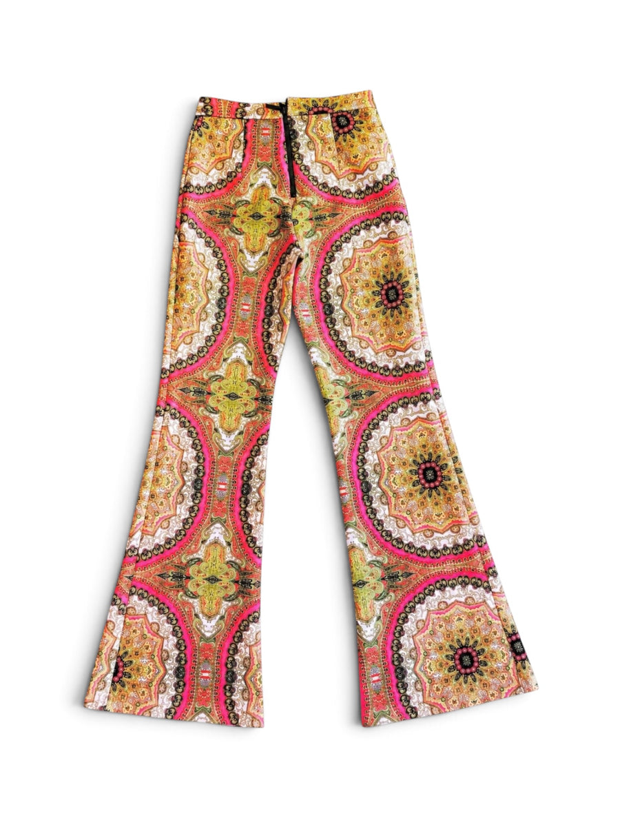 Cynthia Rowley Pink & Green Baroque Paisley Flare Pants