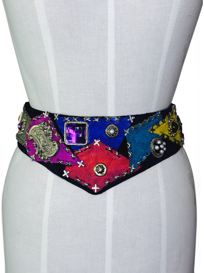 Vintage Jeweled Color Block Patchwork Suede Statement Belt | 1980s