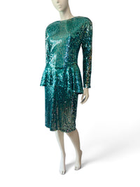 Vintage 1980s Emerald Sequin Peplum Dress