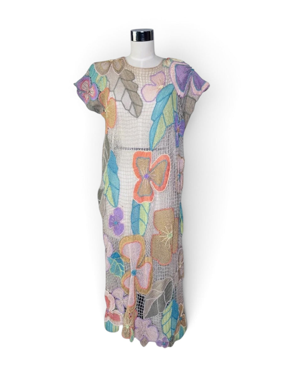 Pastel Floral Reverie I 1980s Lim’s Shanghai Hand-Crocheted Cotton Dress