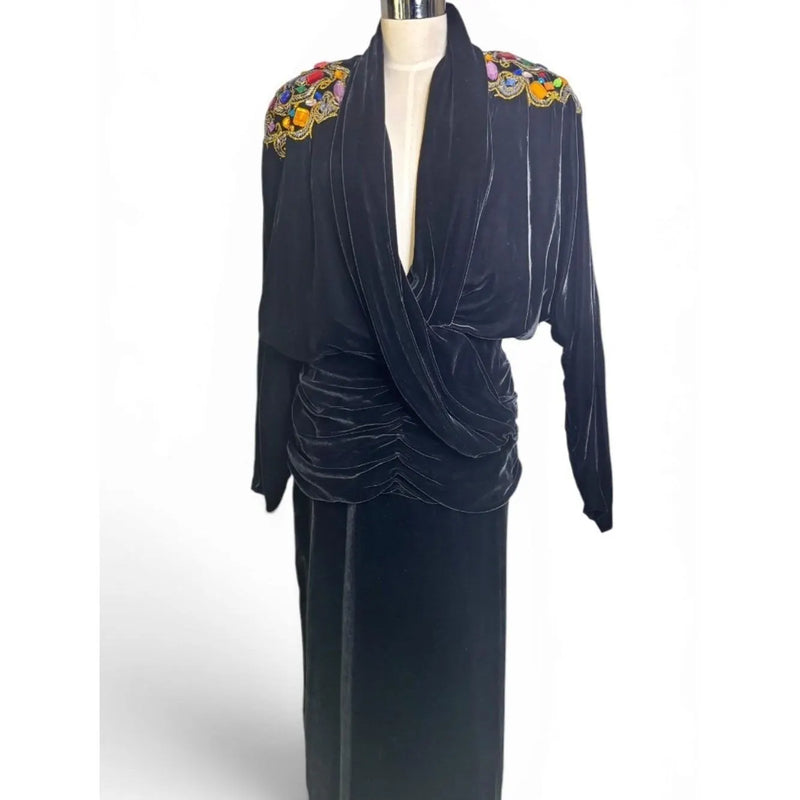Vintage Della Roufogali Black Velvet Jeweled Evening Gown | Draped Cocktail Dress | Vintage Size 14