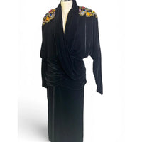 Vintage Della Roufogali Black Velvet Jeweled Evening Gown | Draped Cocktail Dress | Vintage Size 14
