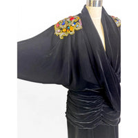 Vintage Della Roufogali Black Velvet Jeweled Evening Gown | Draped Cocktail Dress | Vintage Size 14