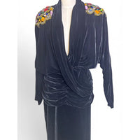 Vintage Della Roufogali Black Velvet Jeweled Evening Gown | Draped Cocktail Dress | Vintage Size 14