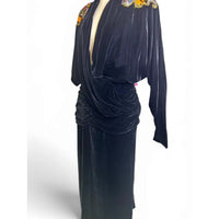 Vintage Della Roufogali Black Velvet Jeweled Evening Gown | Draped Cocktail Dress | Vintage Size 14