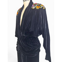 Vintage Della Roufogali Black Velvet Jeweled Evening Gown | Draped Cocktail Dress | Vintage Size 14