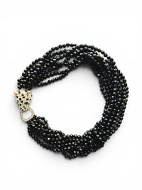 Kenneth Jay Lane Crystal Panther Torsade Necklace with Green Rhinestone Eyes and Black Glass Beads