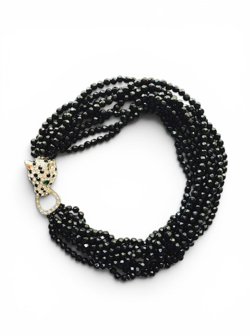 Kenneth Jay Lane Crystal Panther Torsade Necklace with Green Rhinestone Eyes and Black Glass Beads