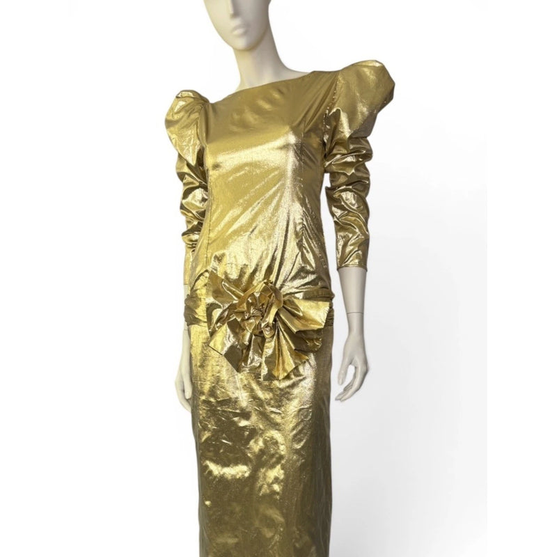 1980’s Liquid Gold Lamé Evening Gown with Dramatic Puff Sleeves & Statement Bow
